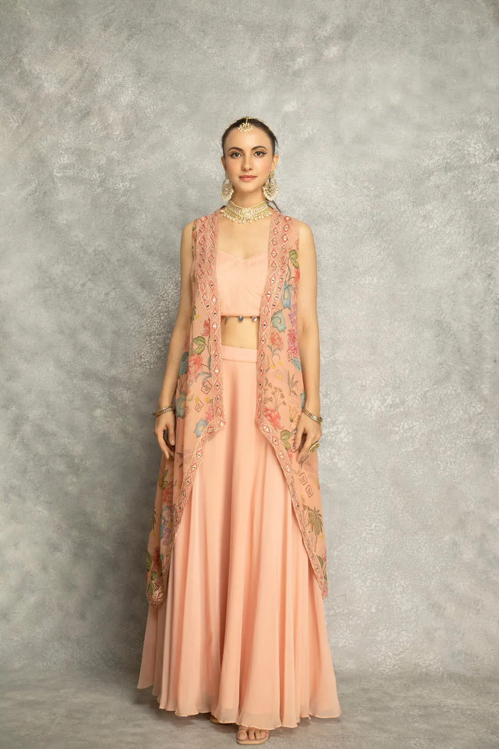 Peach Mirror Embroidered Cape W/Skirt And Crop Top Bustier