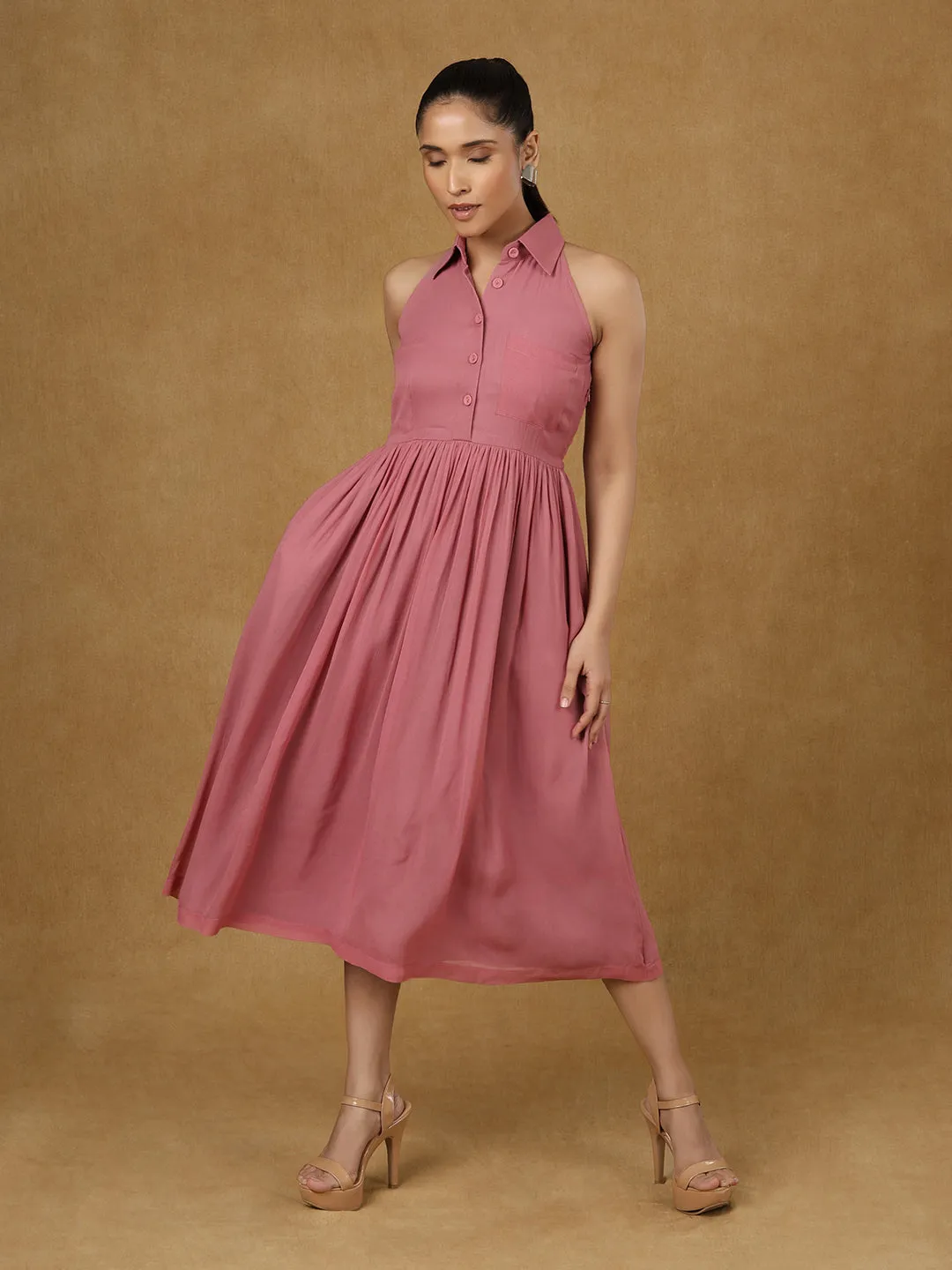 Pink Collar Halter Neck Dress