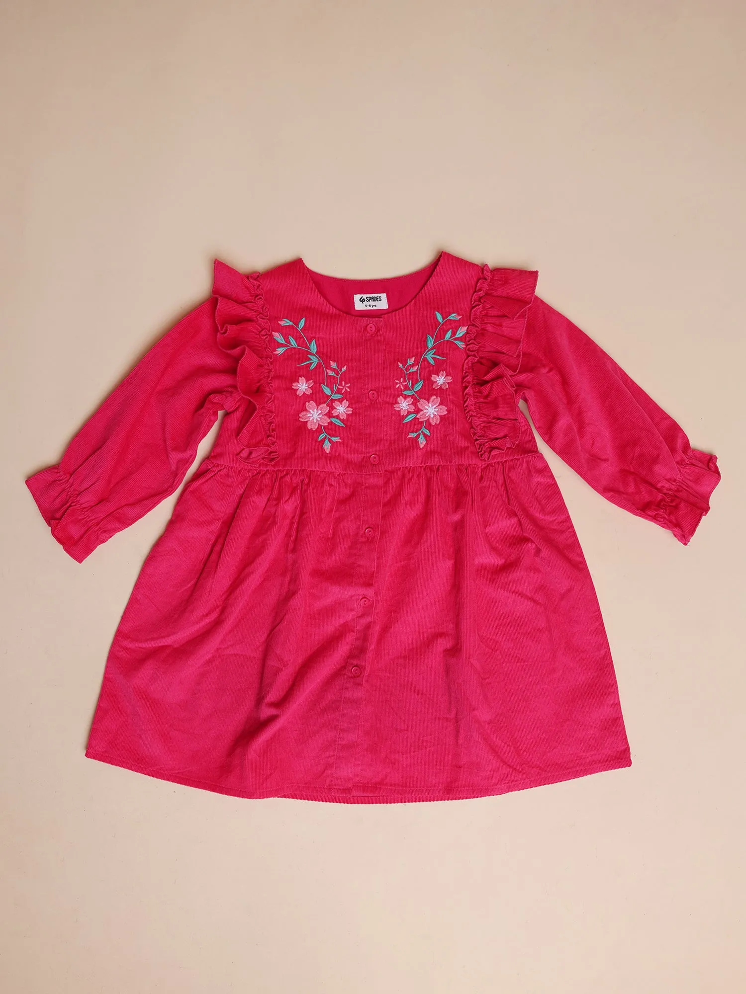 Pink Embroidered Corduroy Dress with Ruffle Trim