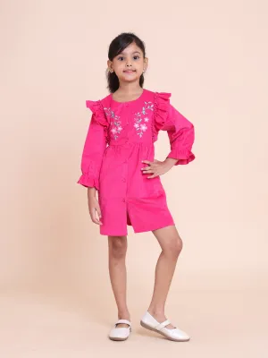 Pink Embroidered Corduroy Dress with Ruffle Trim