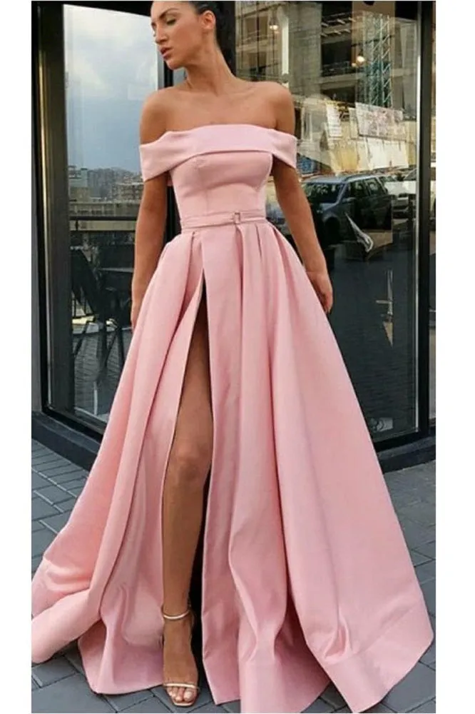 Pink Off Shoulders Satin Long Prom Dress with Slit