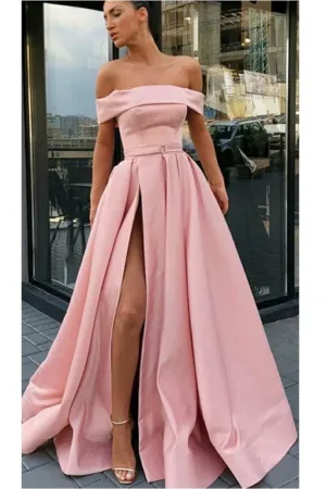 Pink Off Shoulders Satin Long Prom Dress with Slit