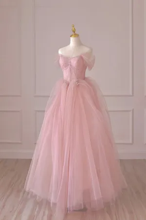 Pink Tulle Lace Long Prom Dress, Beautiful Off Shoulder Evening Dress