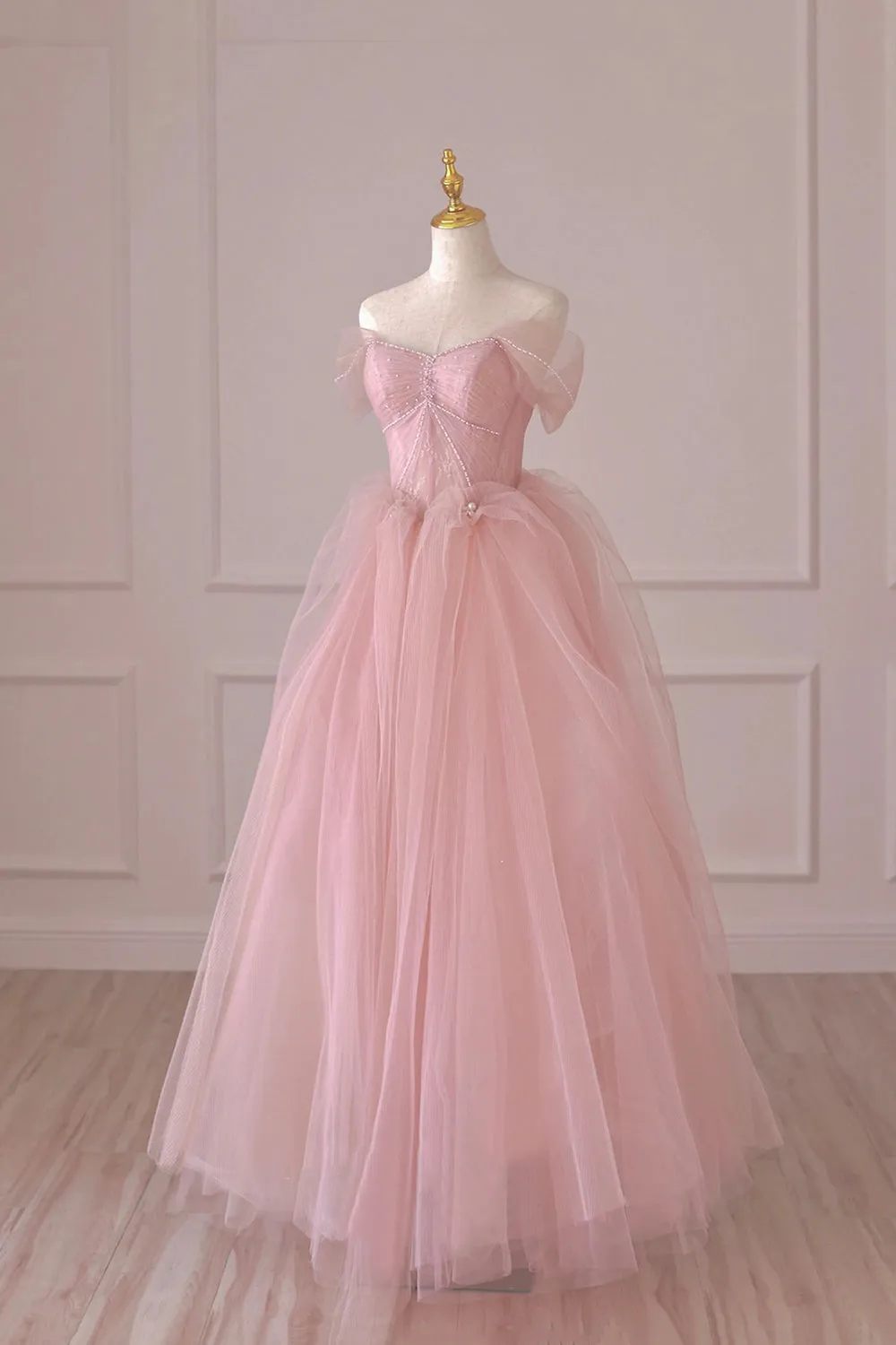 Pink Tulle Lace Long Prom Dress, Beautiful Off Shoulder Evening Dress