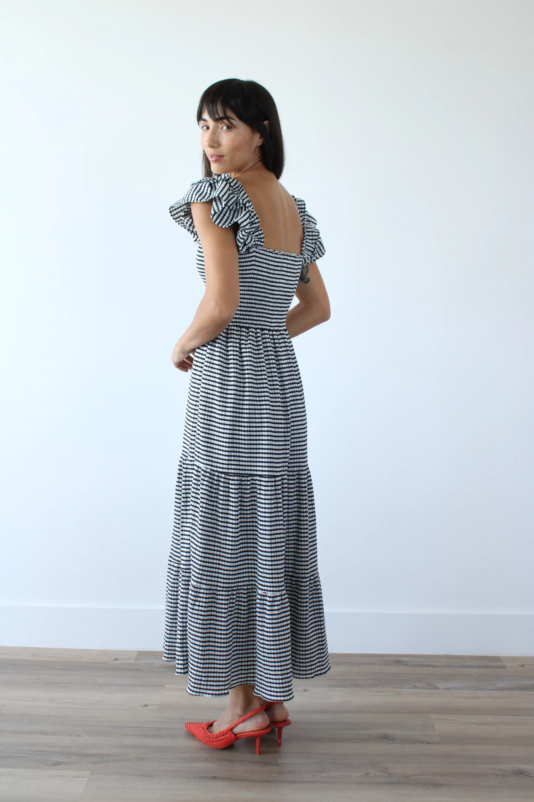 Plaid Square Neck Smocked Tiered Midi Dress