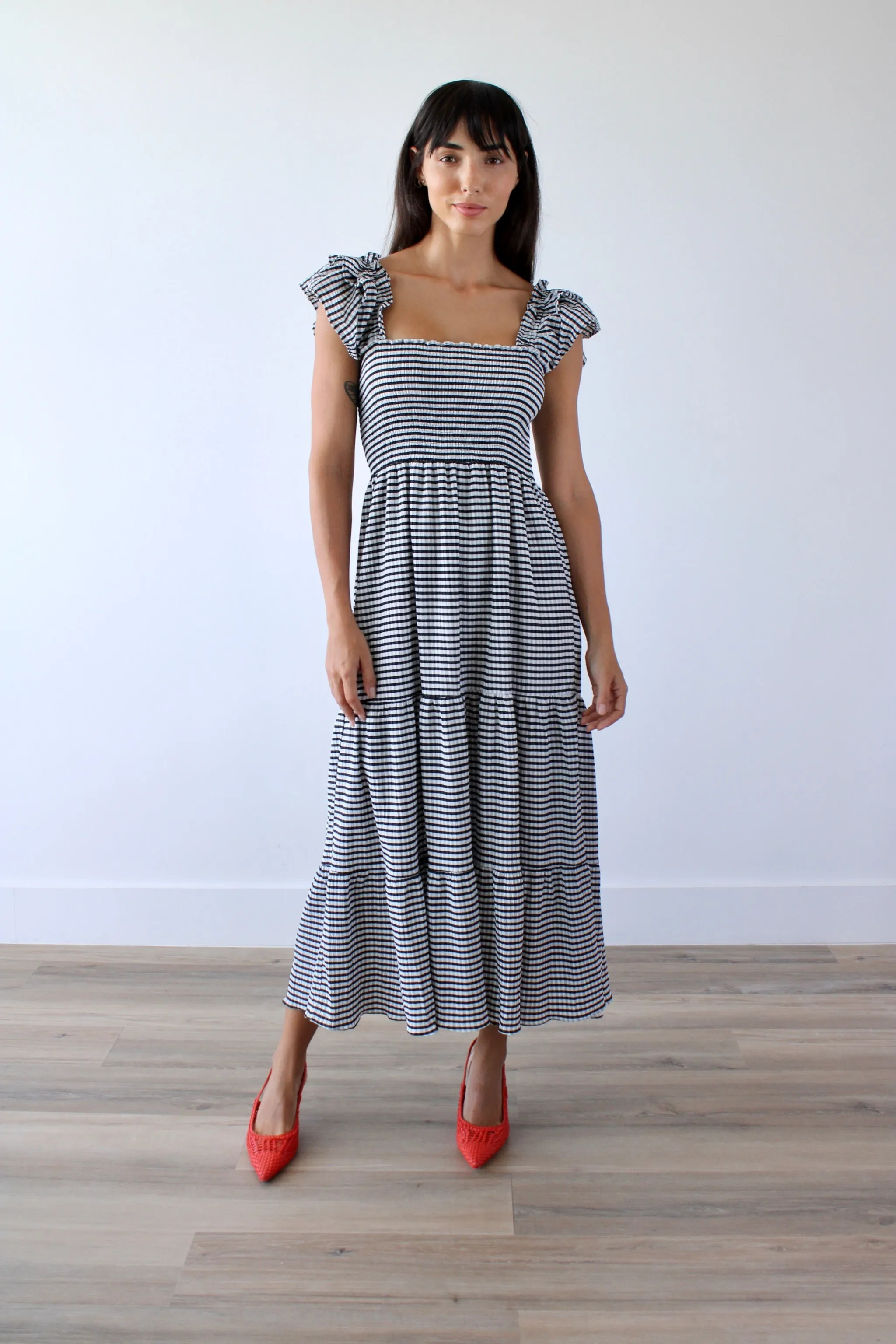 Plaid Square Neck Smocked Tiered Midi Dress