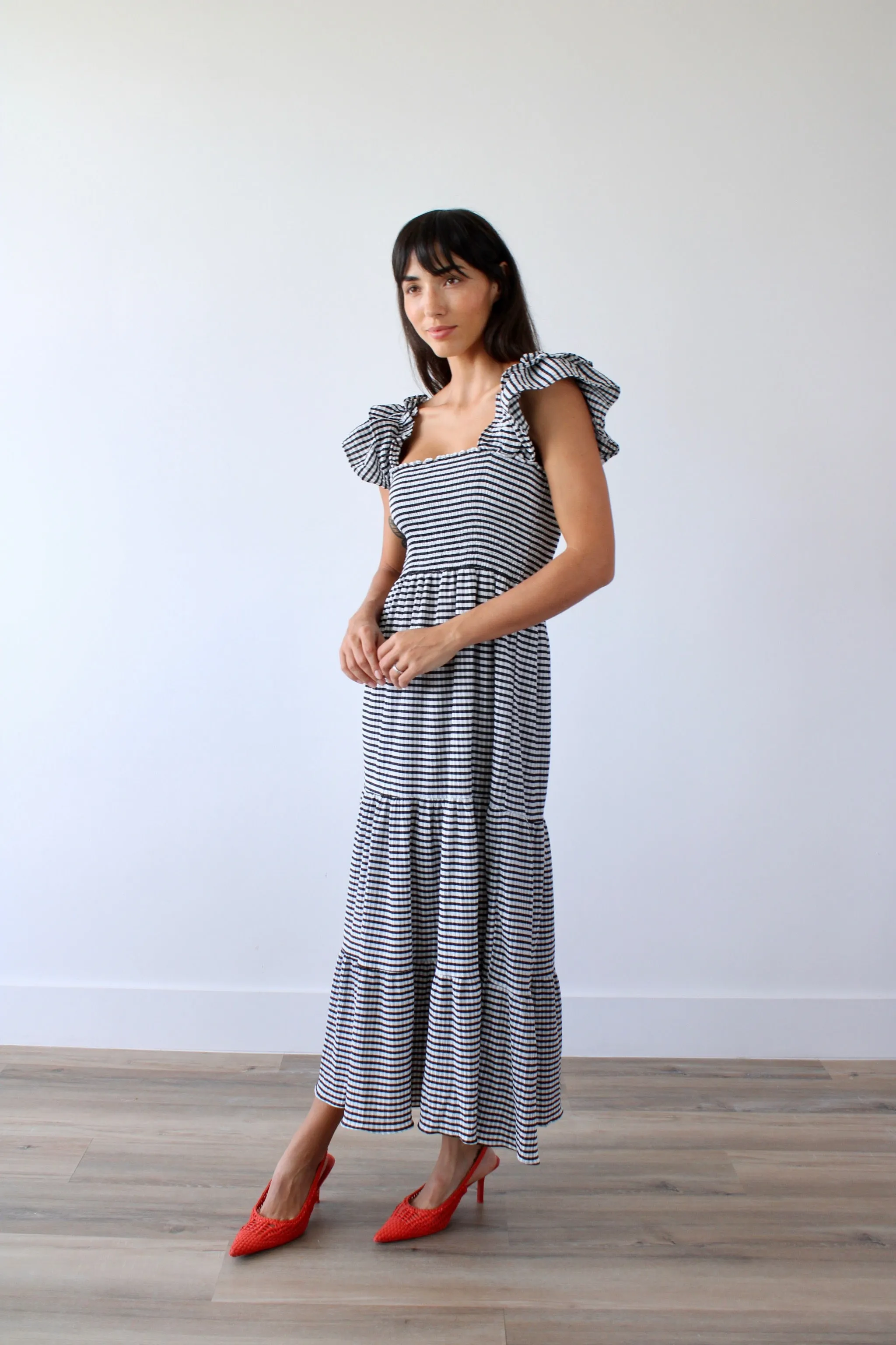 Plaid Square Neck Smocked Tiered Midi Dress