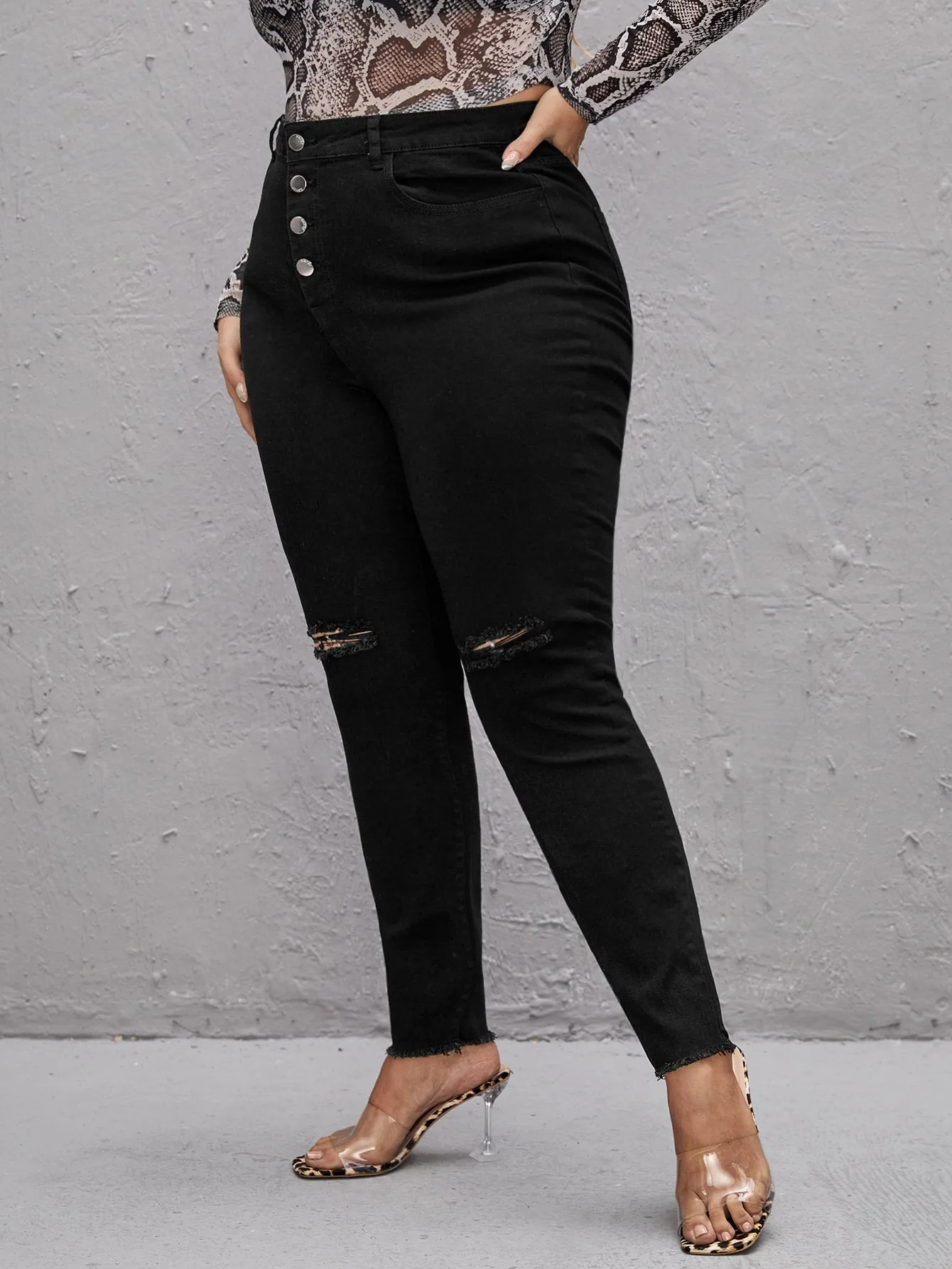 Plain Button Front High Waist Long Plus Size Jeans