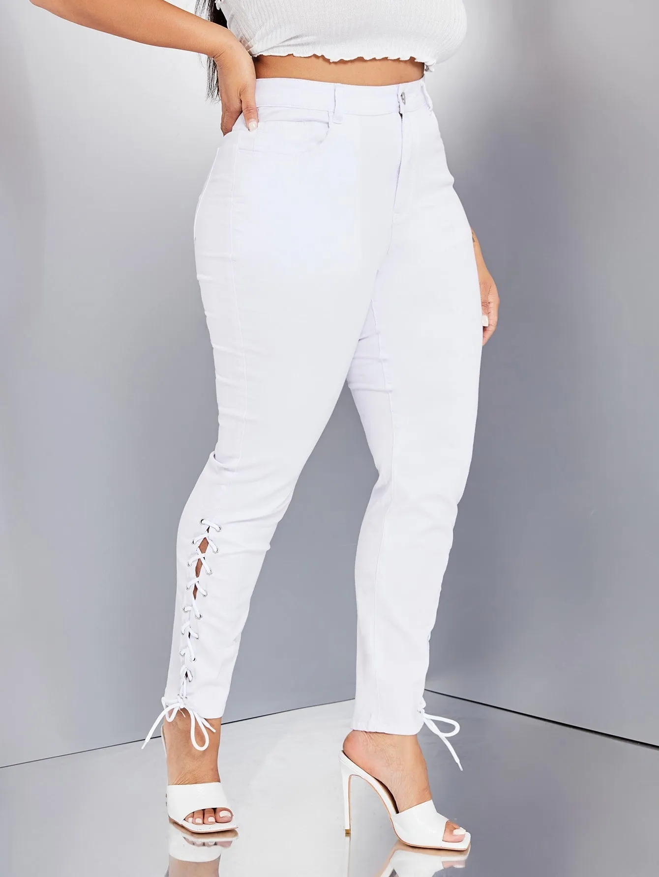 Plain Grommet Eyelet High Waist Long Plus Size Jeans