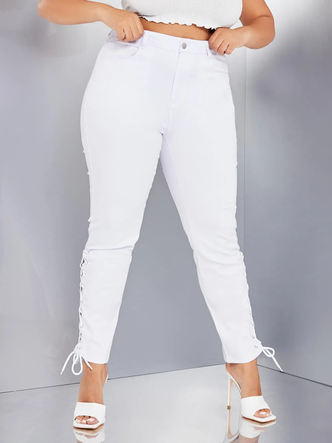 Plain Grommet Eyelet High Waist Long Plus Size Jeans