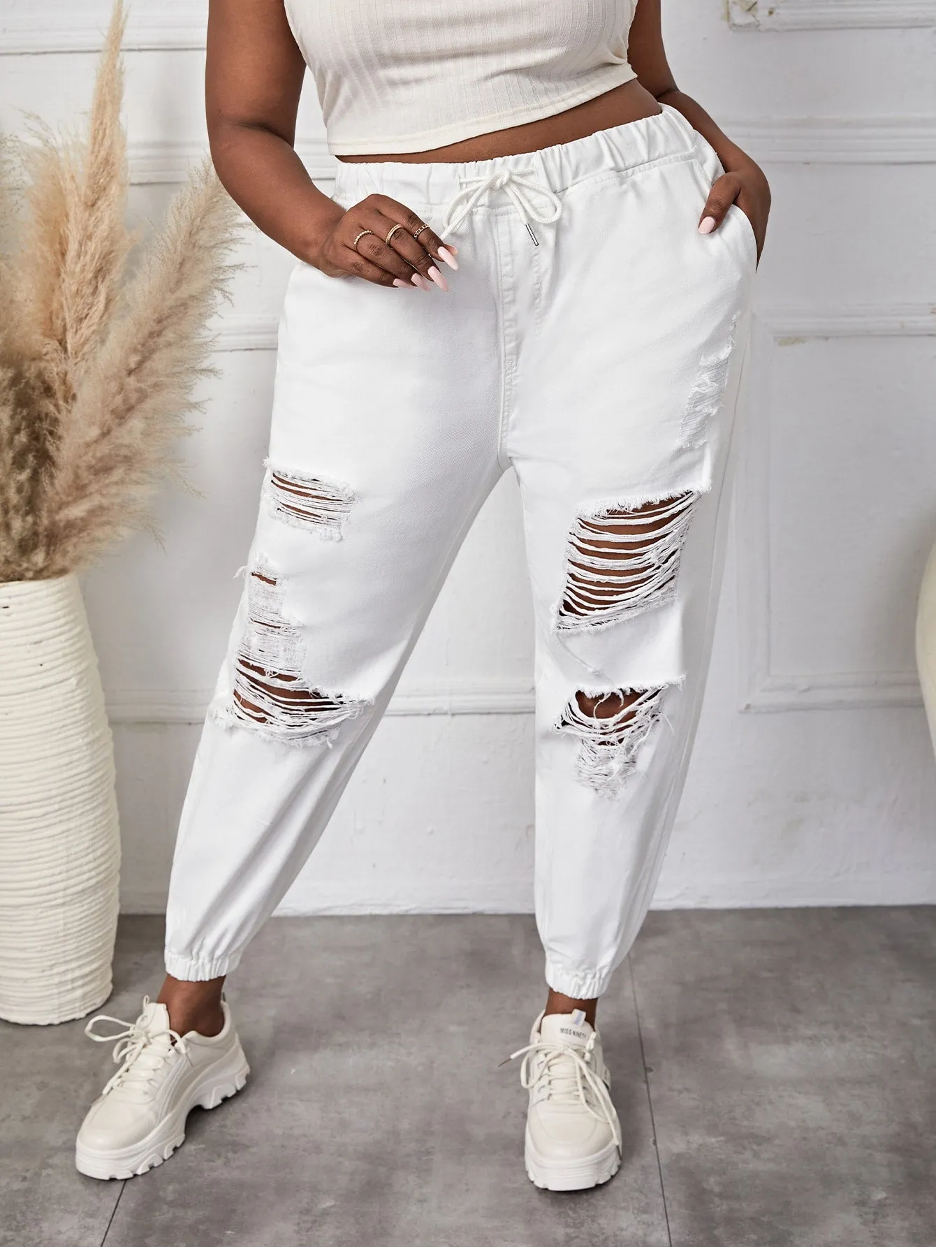 Plain Ripped High Waist Cropped Plus Size Jeans