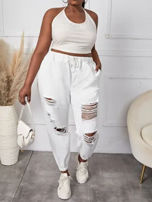 Plain Ripped High Waist Cropped Plus Size Jeans