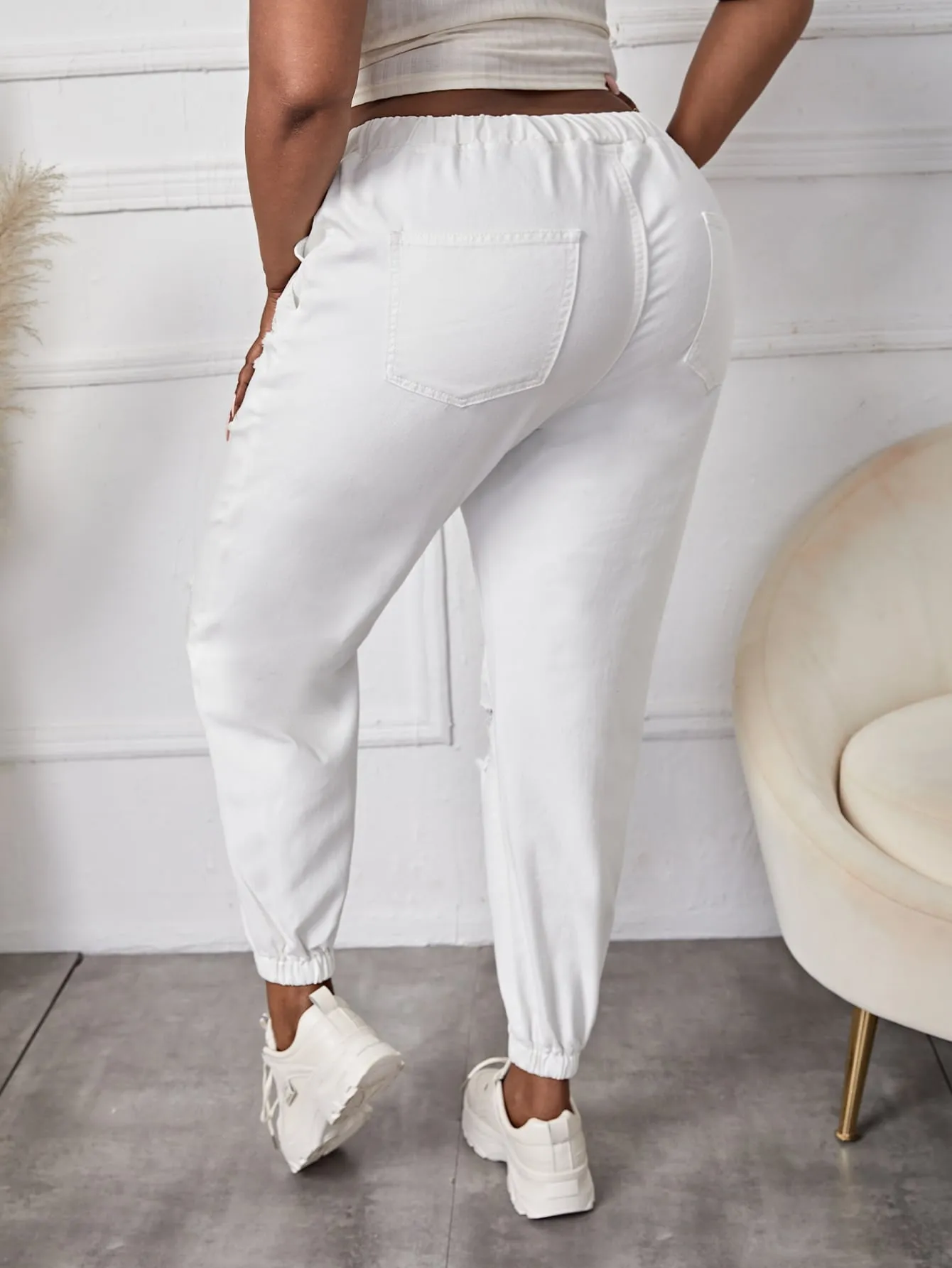 Plain Ripped High Waist Cropped Plus Size Jeans