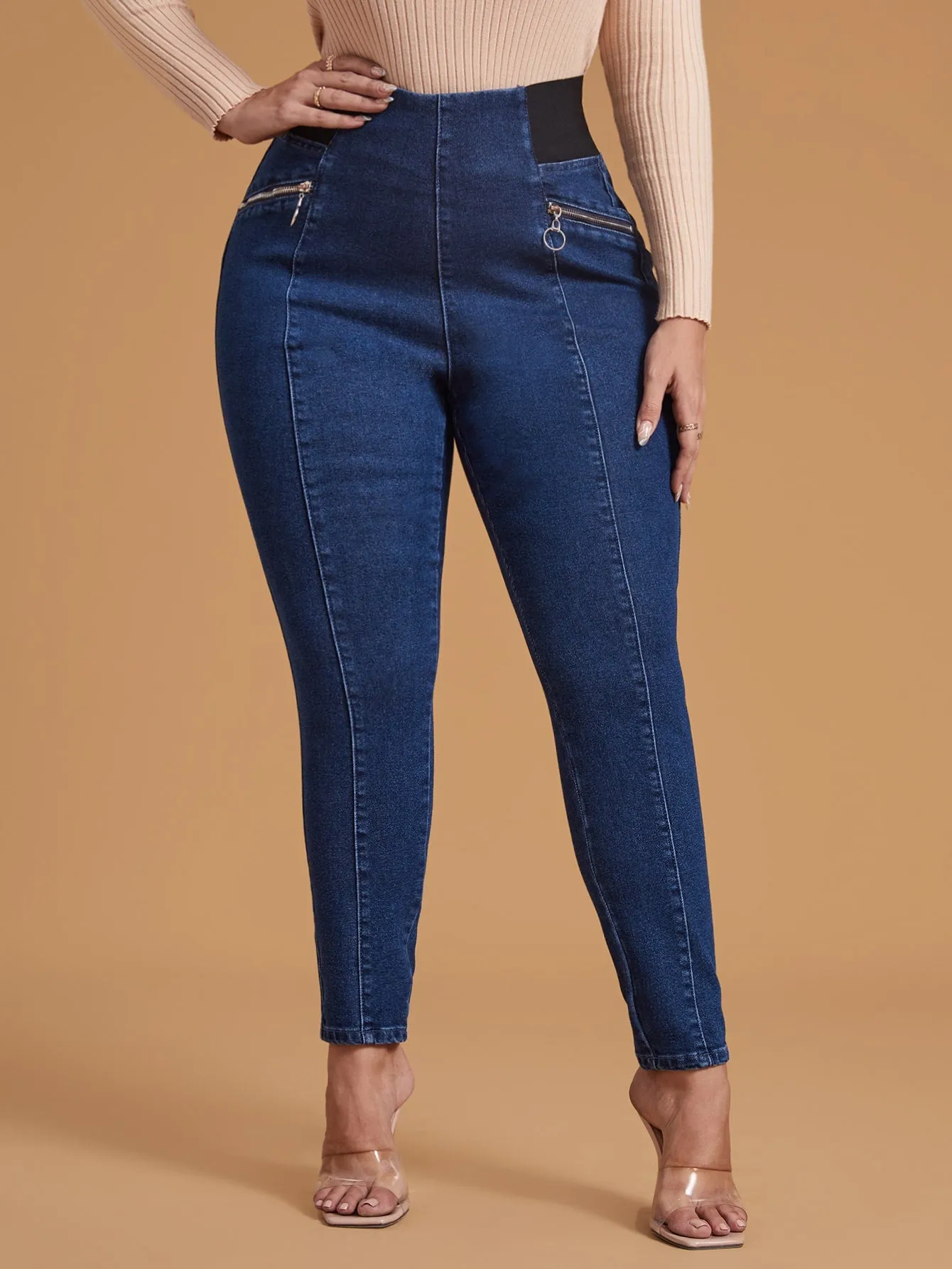 Plain Zipper Long Plus Size Jeans