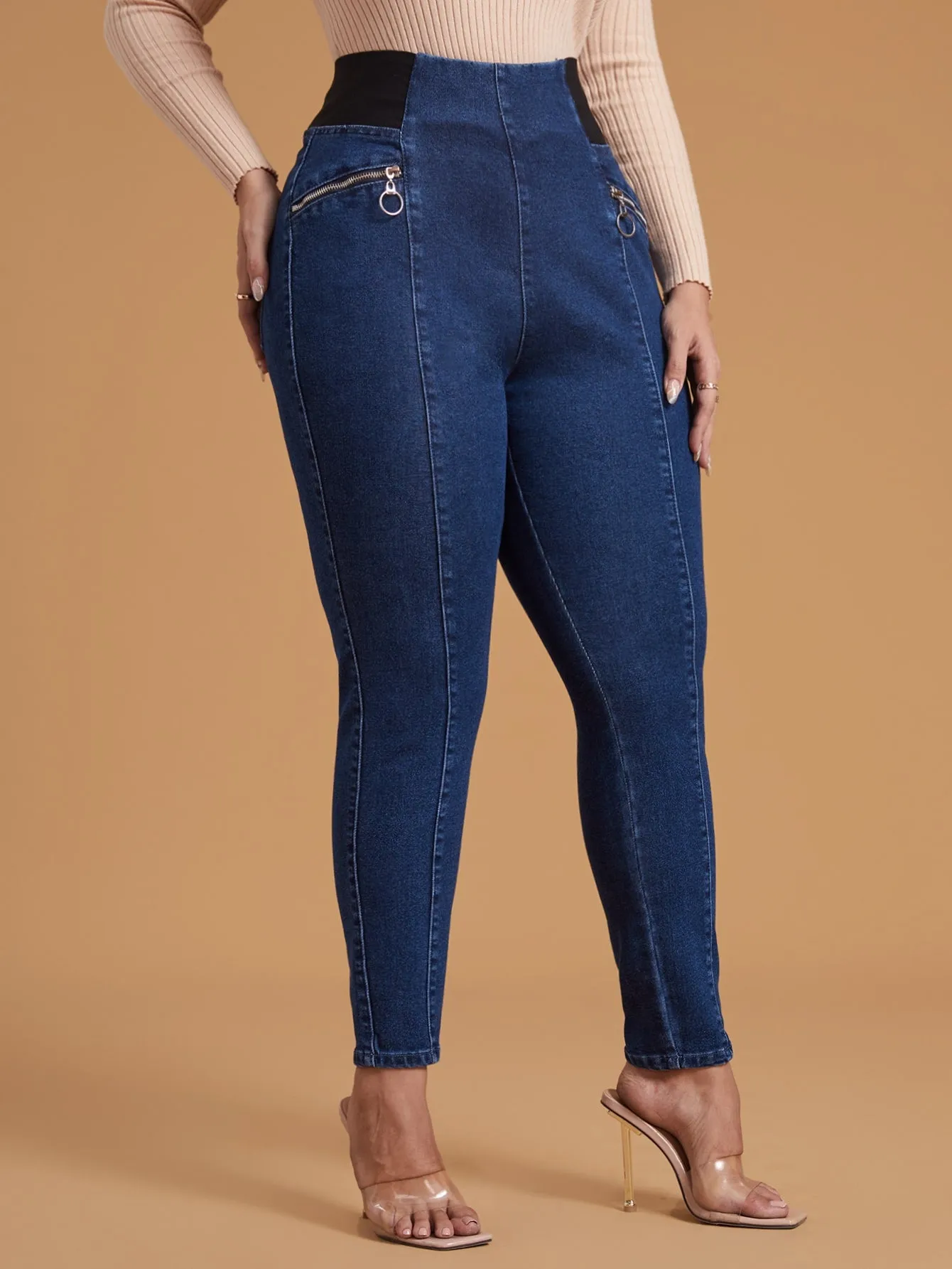 Plain Zipper Long Plus Size Jeans