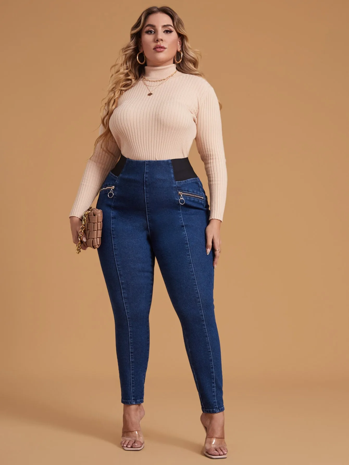 Plain Zipper Long Plus Size Jeans