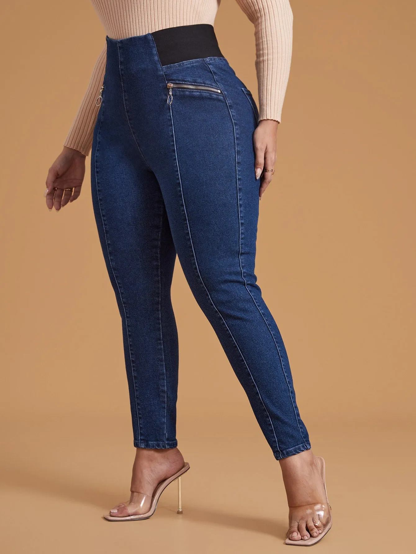 Plain Zipper Long Plus Size Jeans