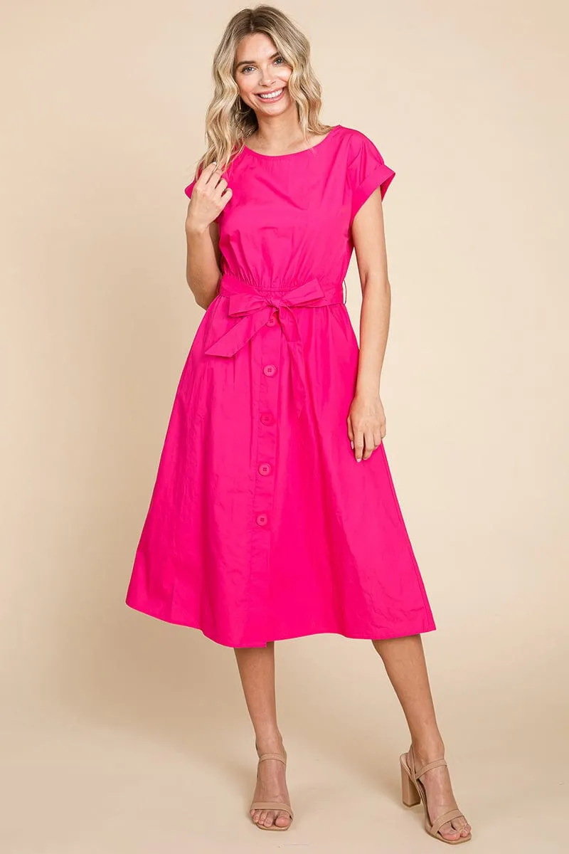 Poplin Pocketed Self Tie Waist Shirt Dress