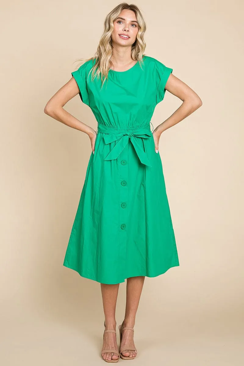 Poplin Pocketed Self Tie Waist Shirt Dress