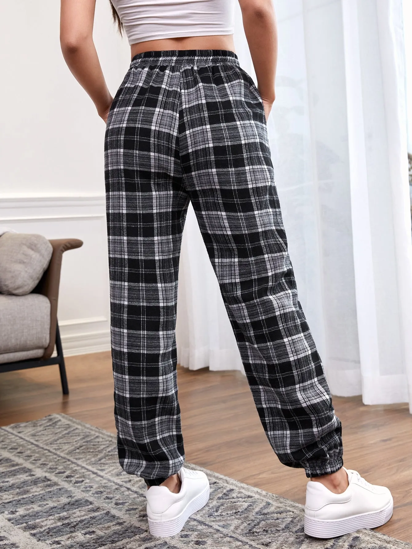 Preppy Plaid Pocket Natural Cropped Women Pants