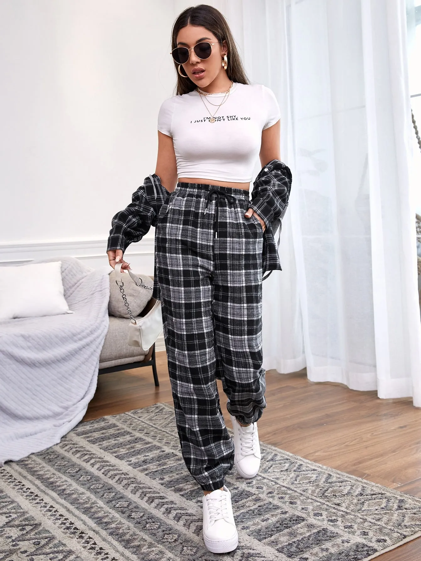 Preppy Plaid Pocket Natural Cropped Women Pants