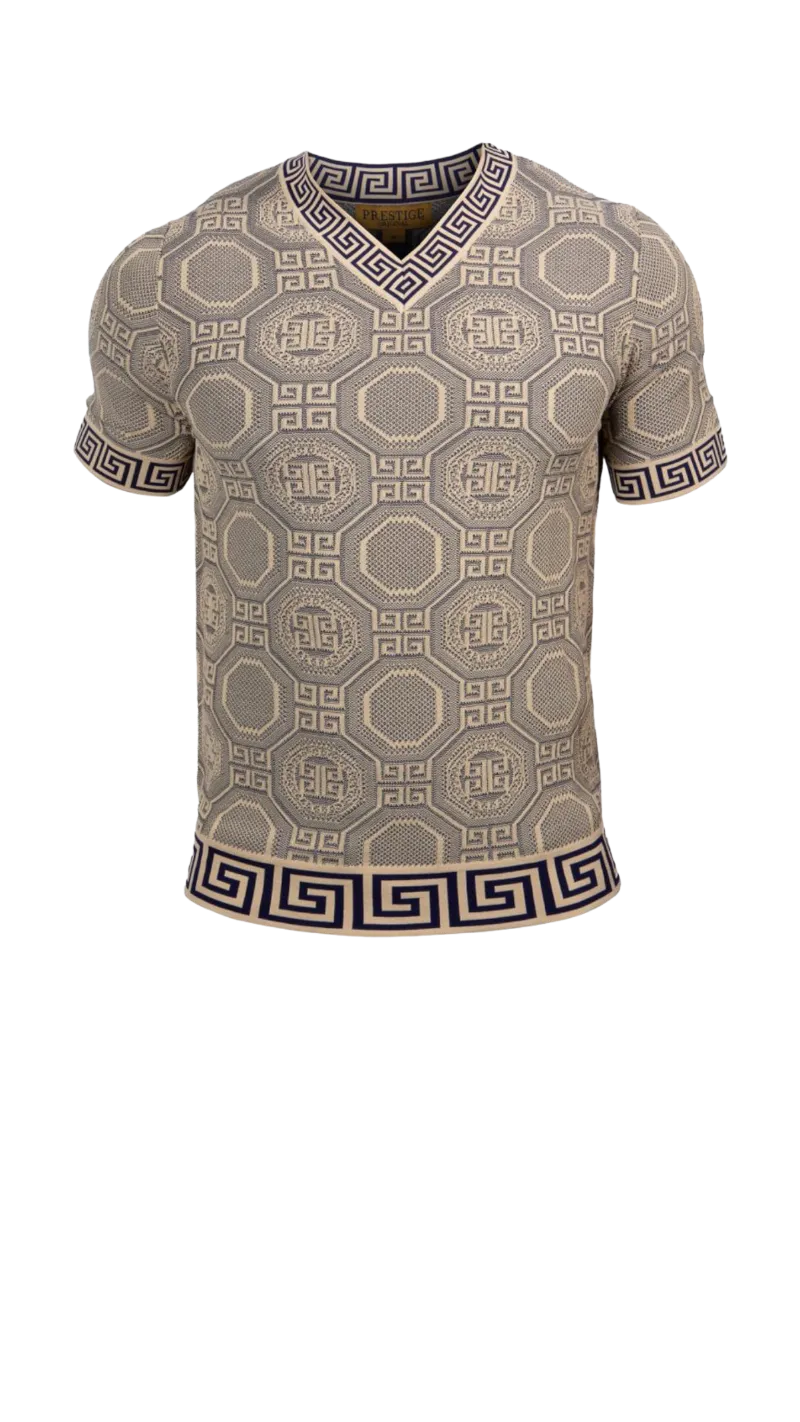 Prestige beige and blue men's v-neck t-shirts greek key trim around the Collar and Sleeves