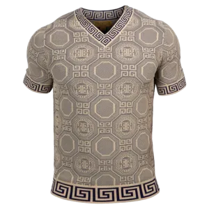 Prestige beige and blue men's v-neck t-shirts greek key trim around the Collar and Sleeves