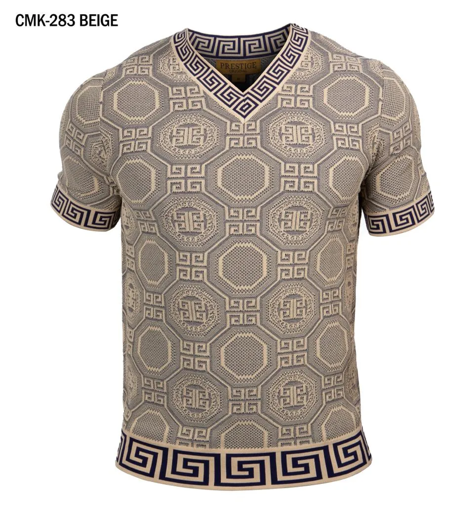 Prestige beige and blue men's v-neck t-shirts greek key trim around the Collar and Sleeves