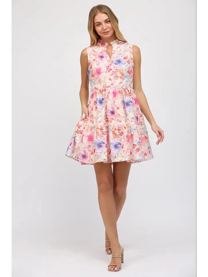 Print Eyelet Lace Sleeveless Tiered Dress