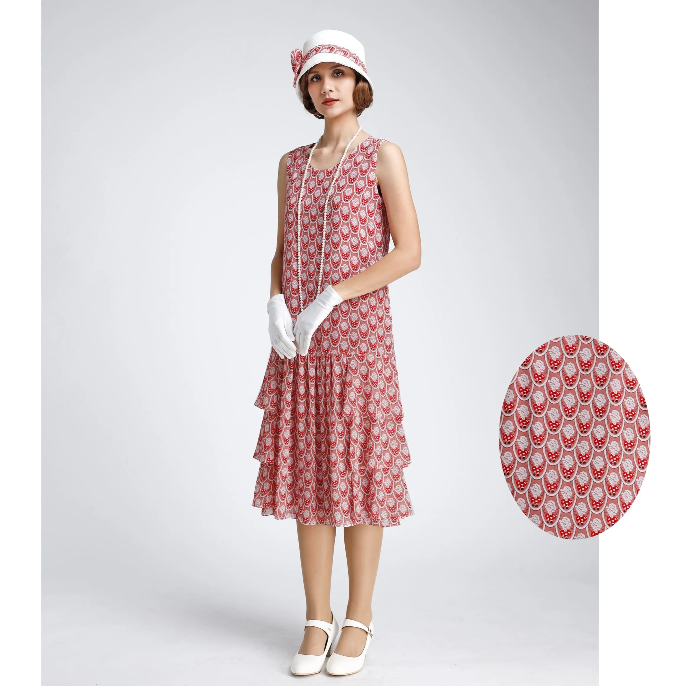 Printed red chiffon 1920s dress with tiered skirt