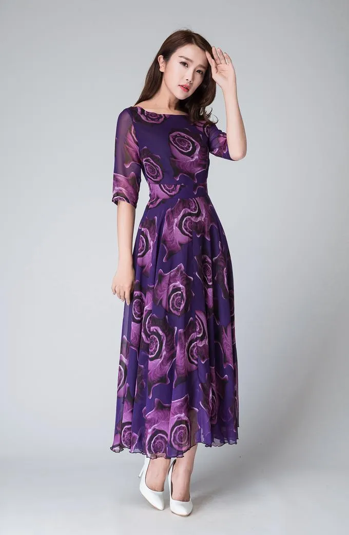 Purple floral dress, womens maxi dresses 1529#