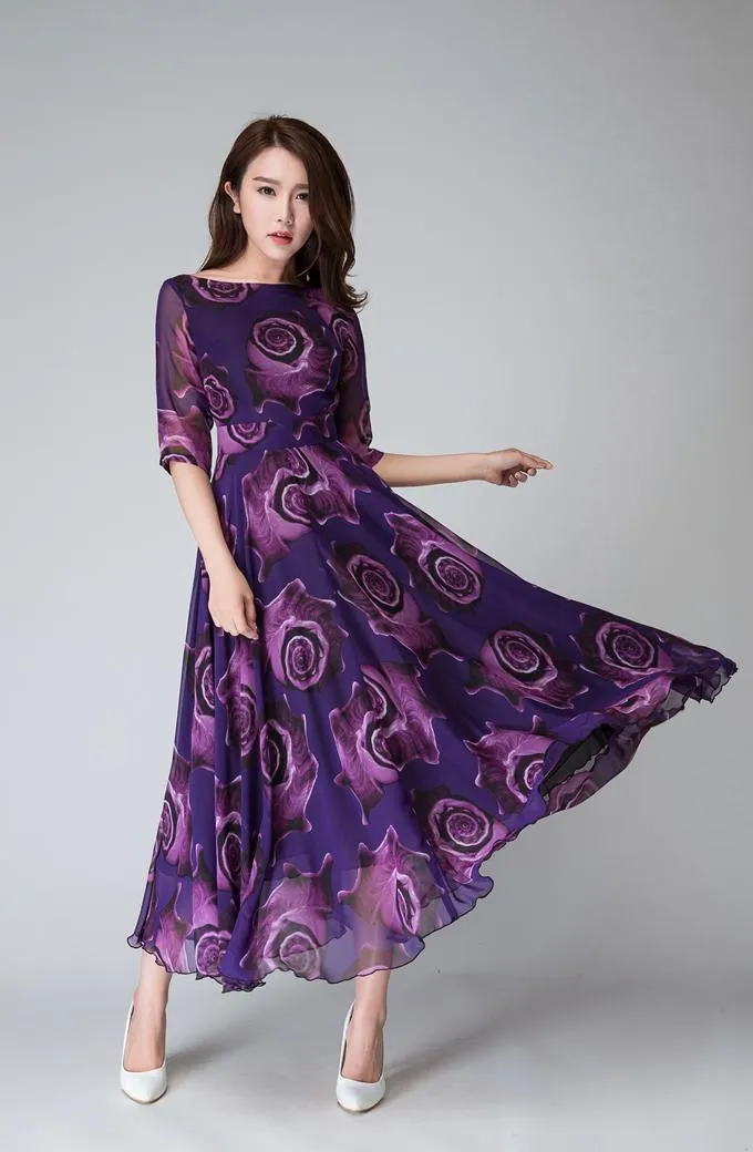 Purple floral dress, womens maxi dresses 1529#