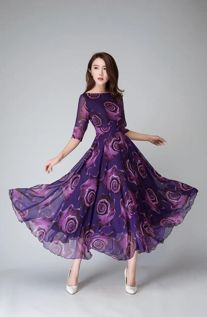 Purple floral dress, womens maxi dresses 1529#