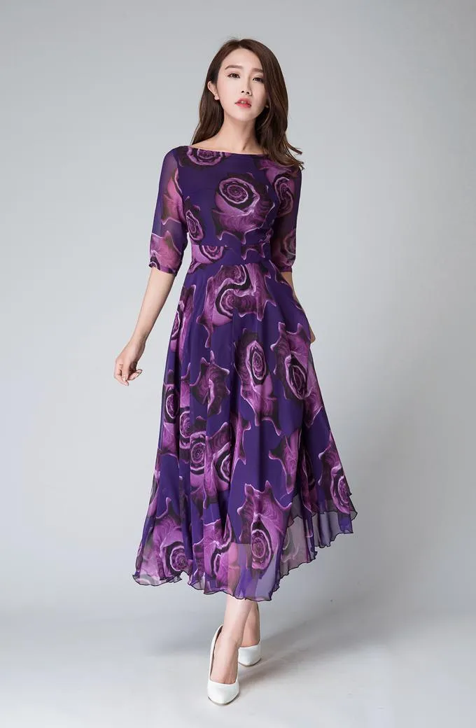 Purple floral dress, womens maxi dresses 1529#