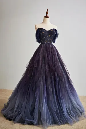 Purple Gradient Tulle Long Prom Dress, Beautiful A-Line Evening Party Dress