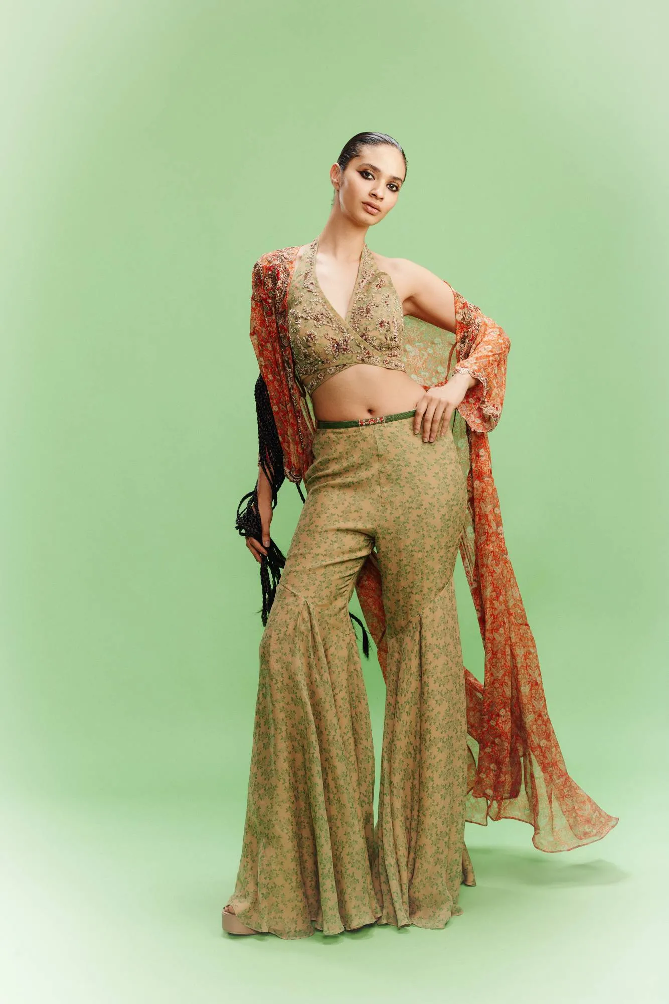 "Elviera" Printed Chiffon Bustier-Cape and a Sharara