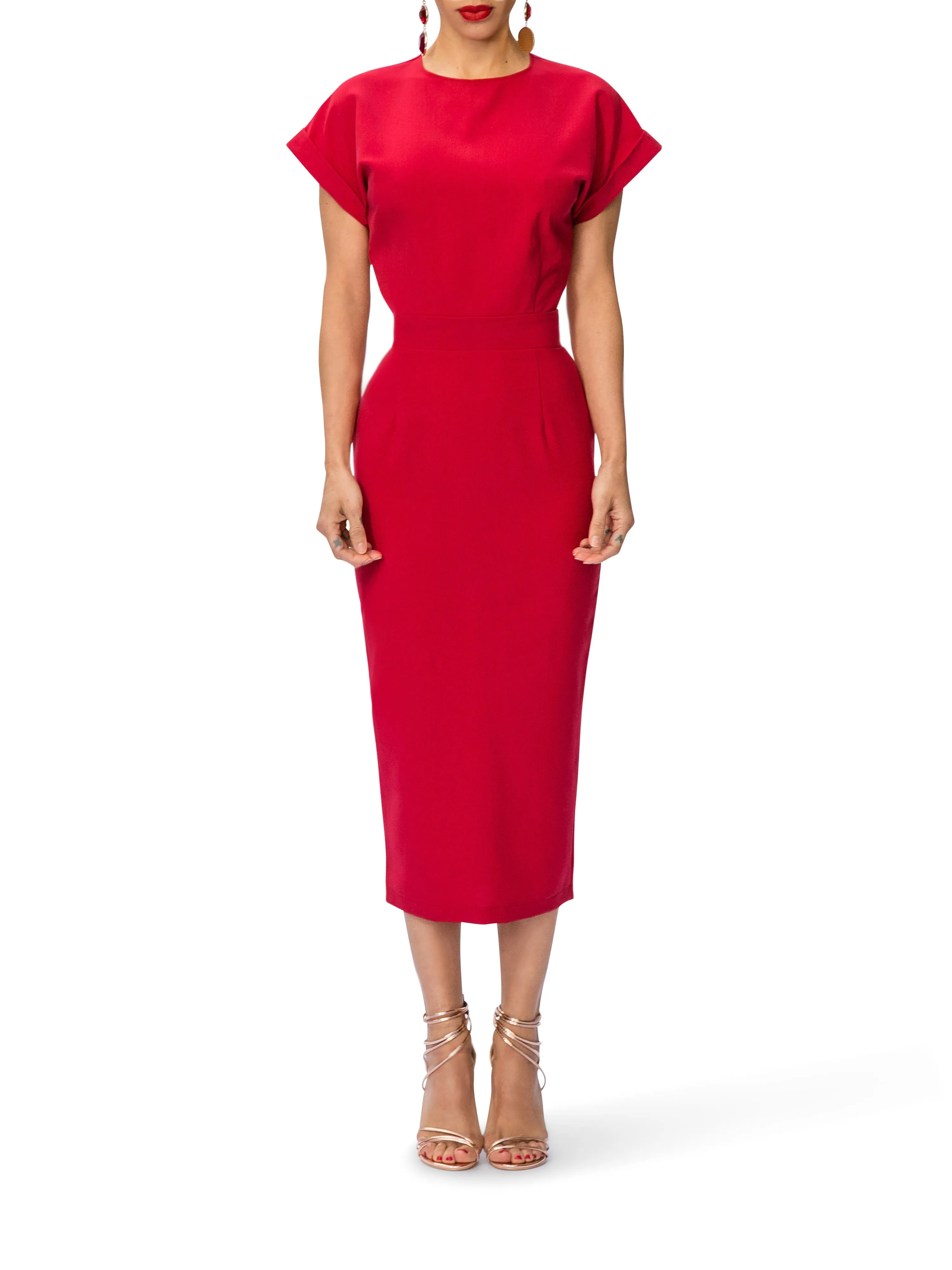 "Ruby" Midi Dress w/Folded Sleeves