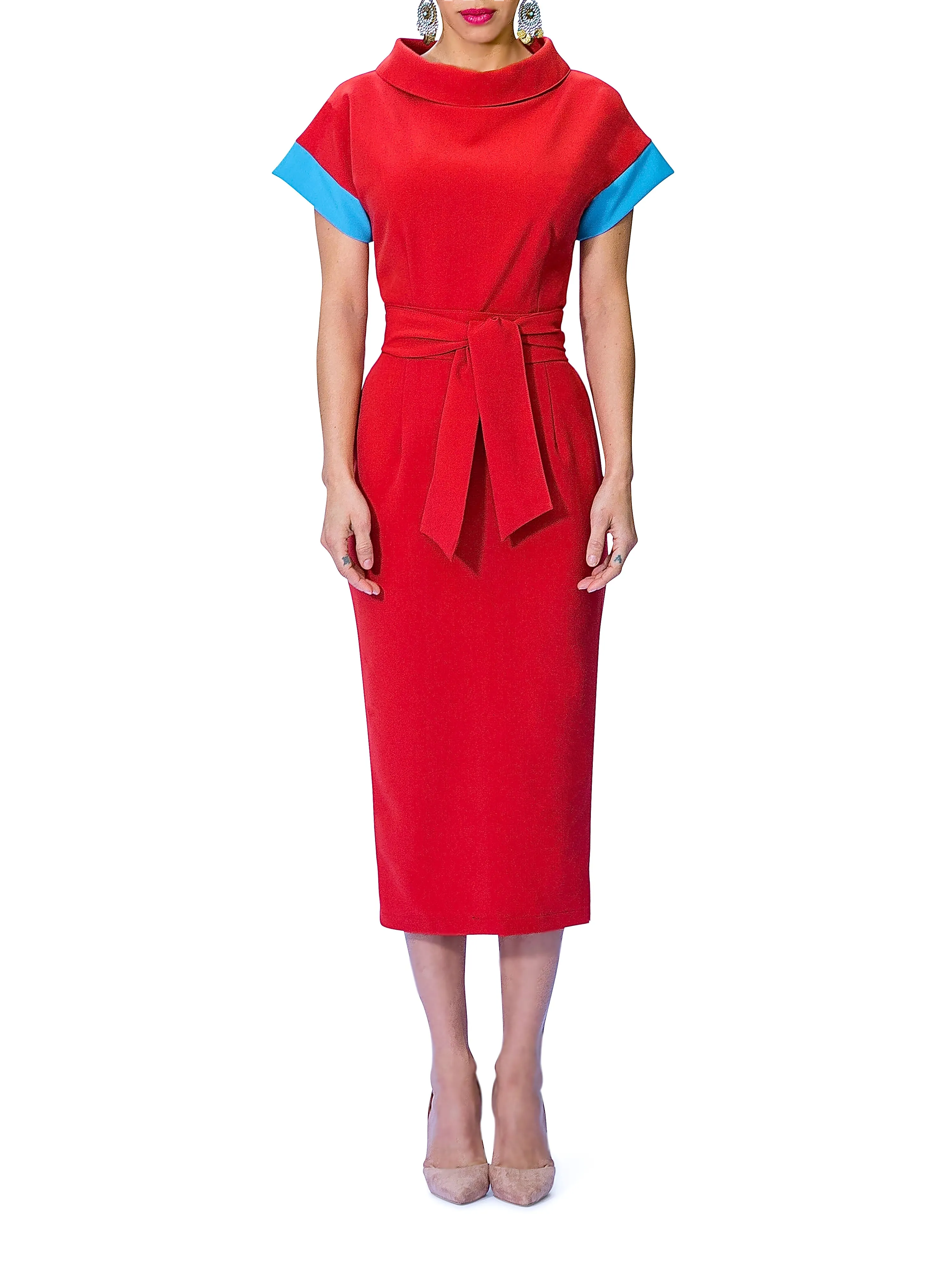 "Thalia" Folded Neck Dress w/Contrast Sleeves