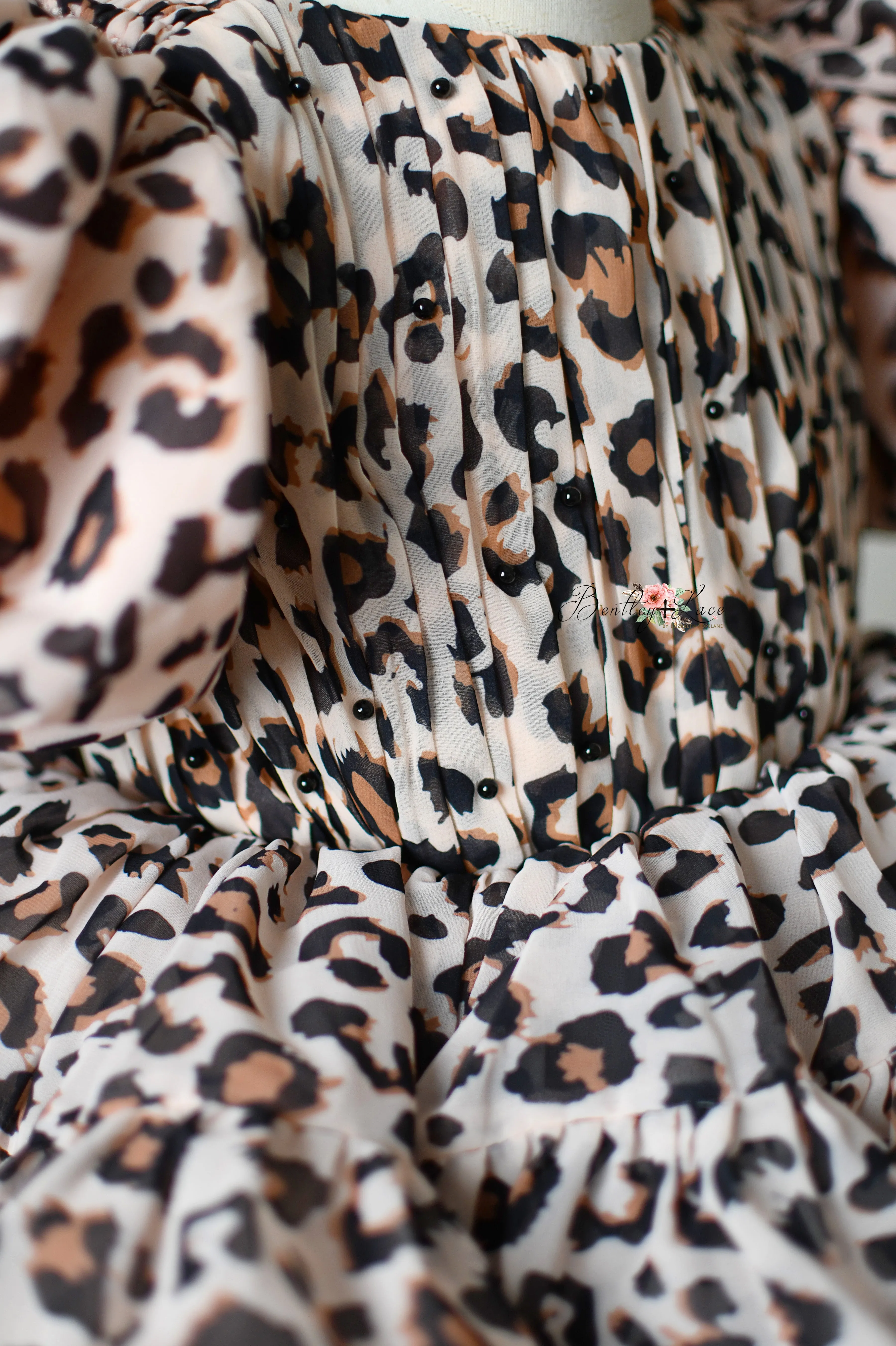 "Wild Whimsy"- Leopard Print Petal-Length Dress with Removable Puff Sleeves (3-4 Years)