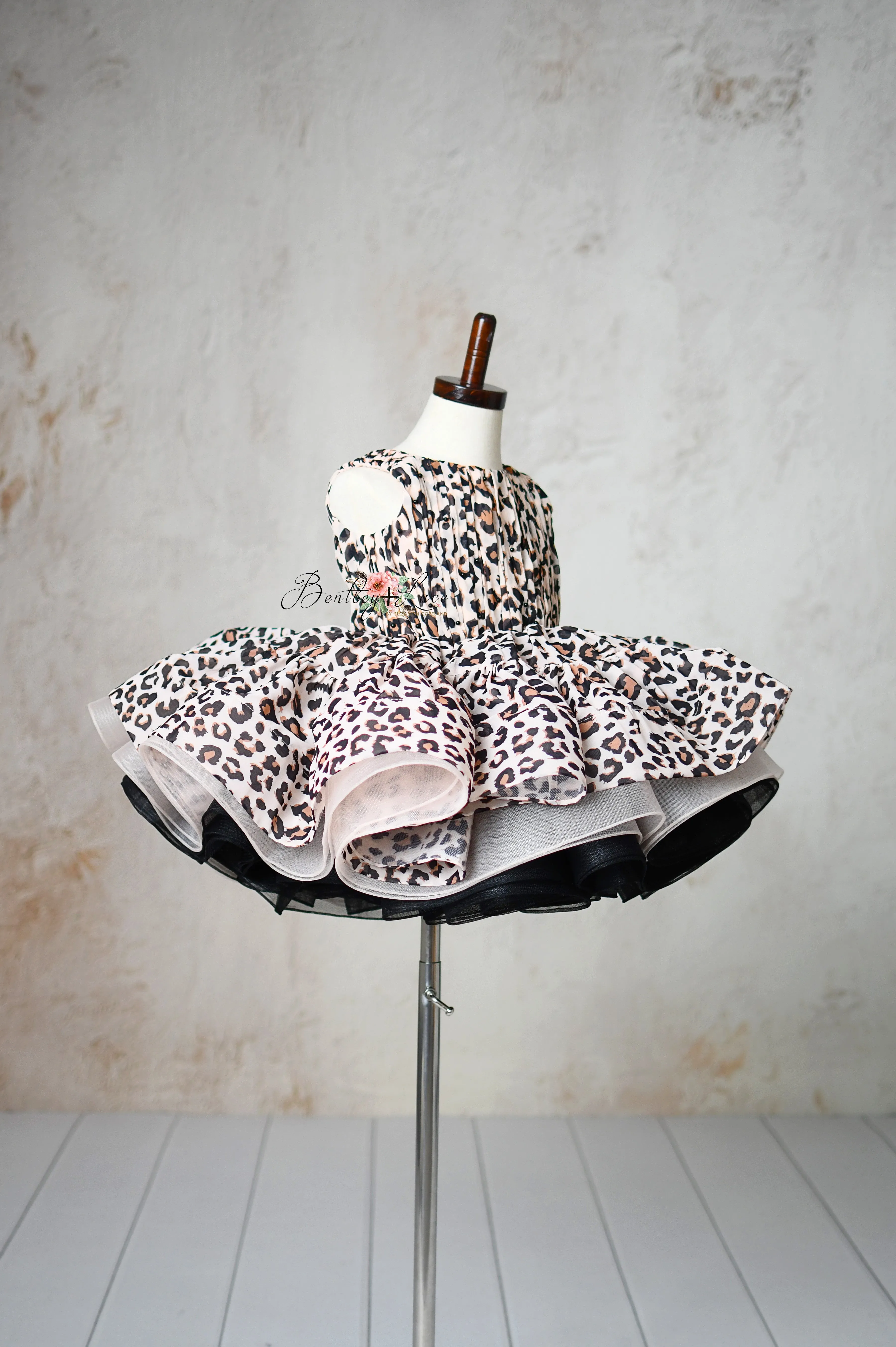 "Wild Whimsy"- Leopard Print Petal-Length Dress with Removable Puff Sleeves (3-4 Years)