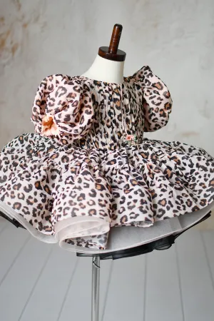 "Wild Whimsy"- Leopard Print Petal-Length Dress with Removable Puff Sleeves (3-4 Years)