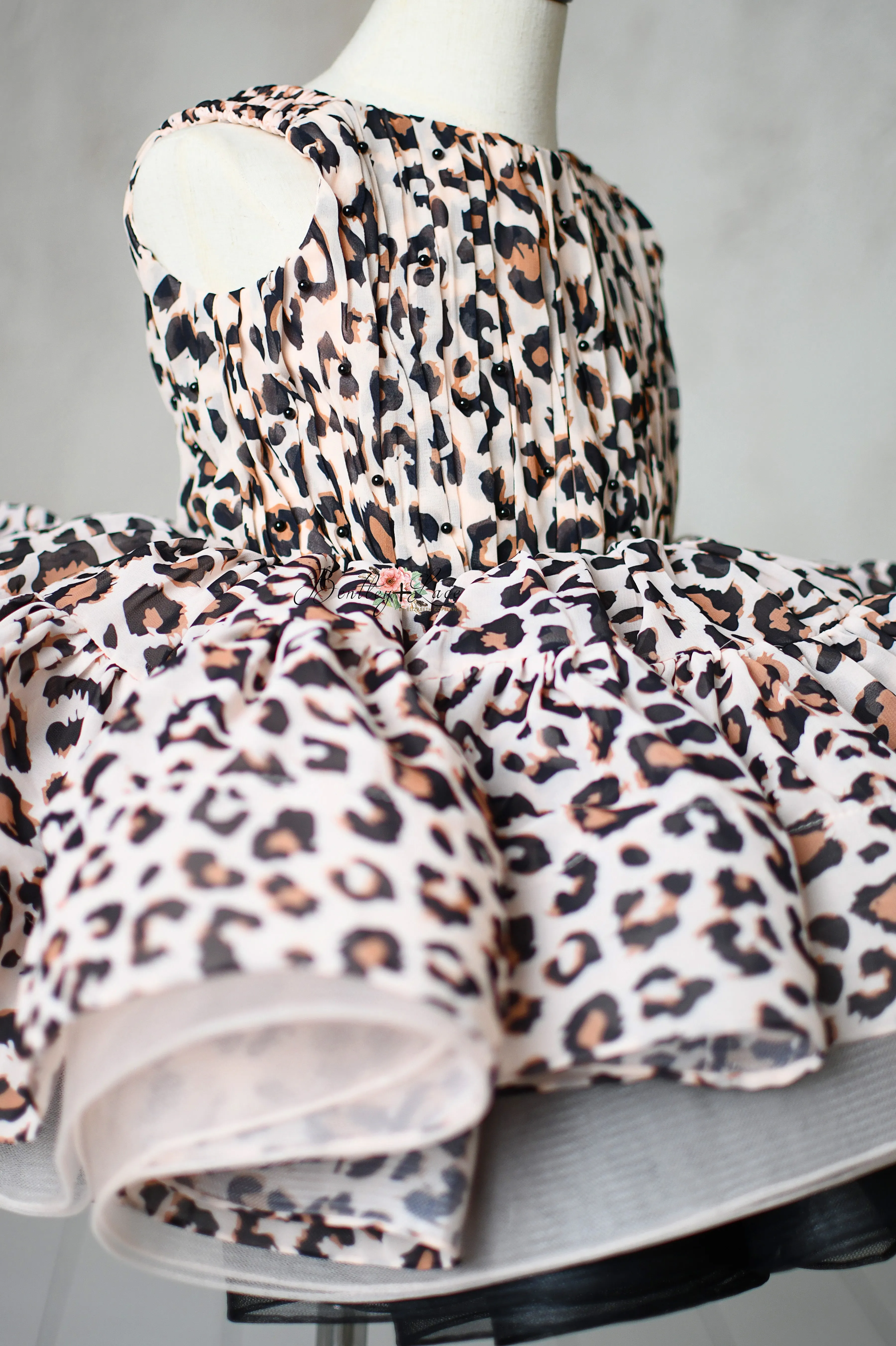 "Wild Whimsy"- Leopard Print Petal-Length Dress with Removable Puff Sleeves (3-4 Years)