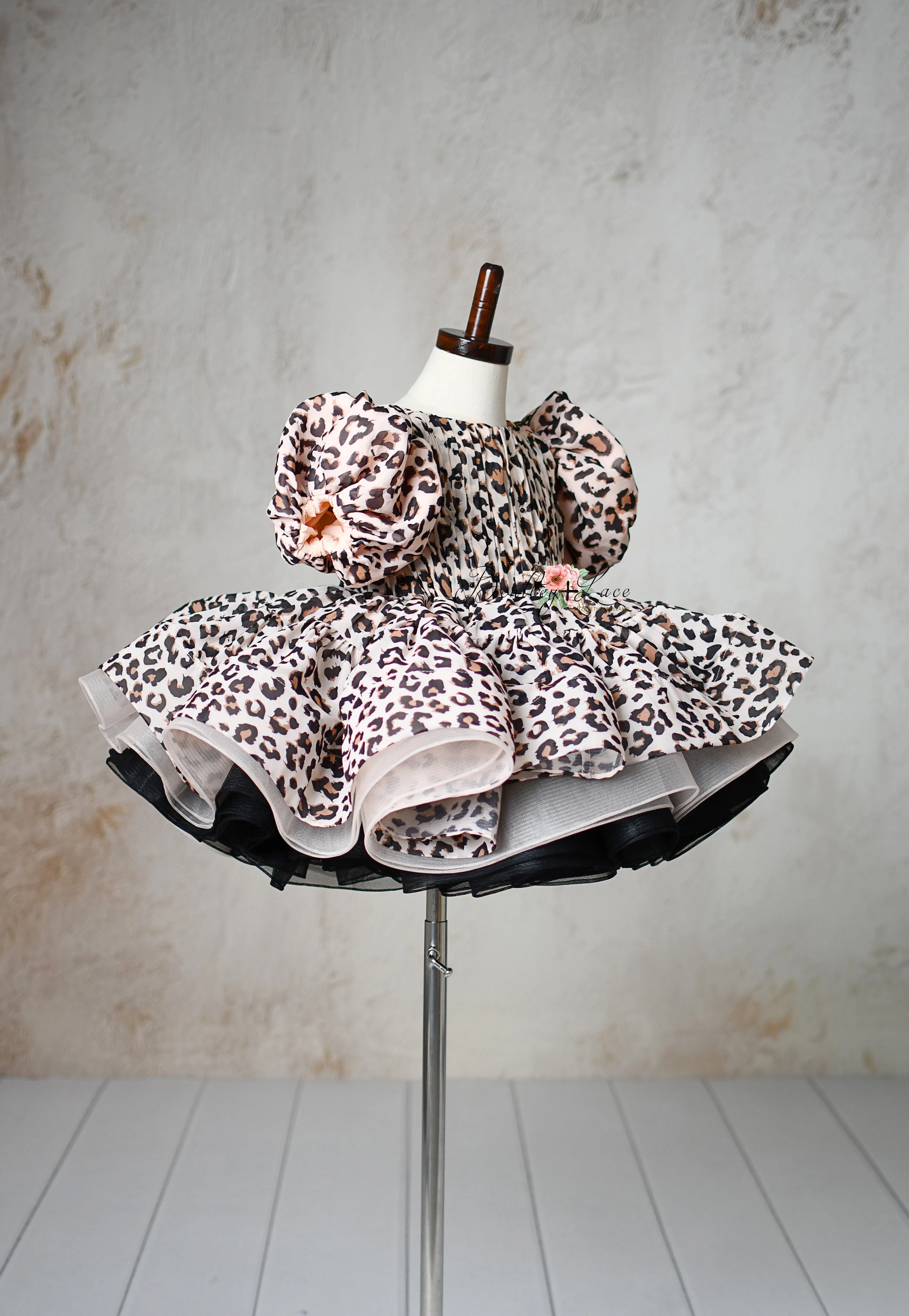 "Wild Whimsy"- Leopard Print Petal-Length Dress with Removable Puff Sleeves (3-4 Years)