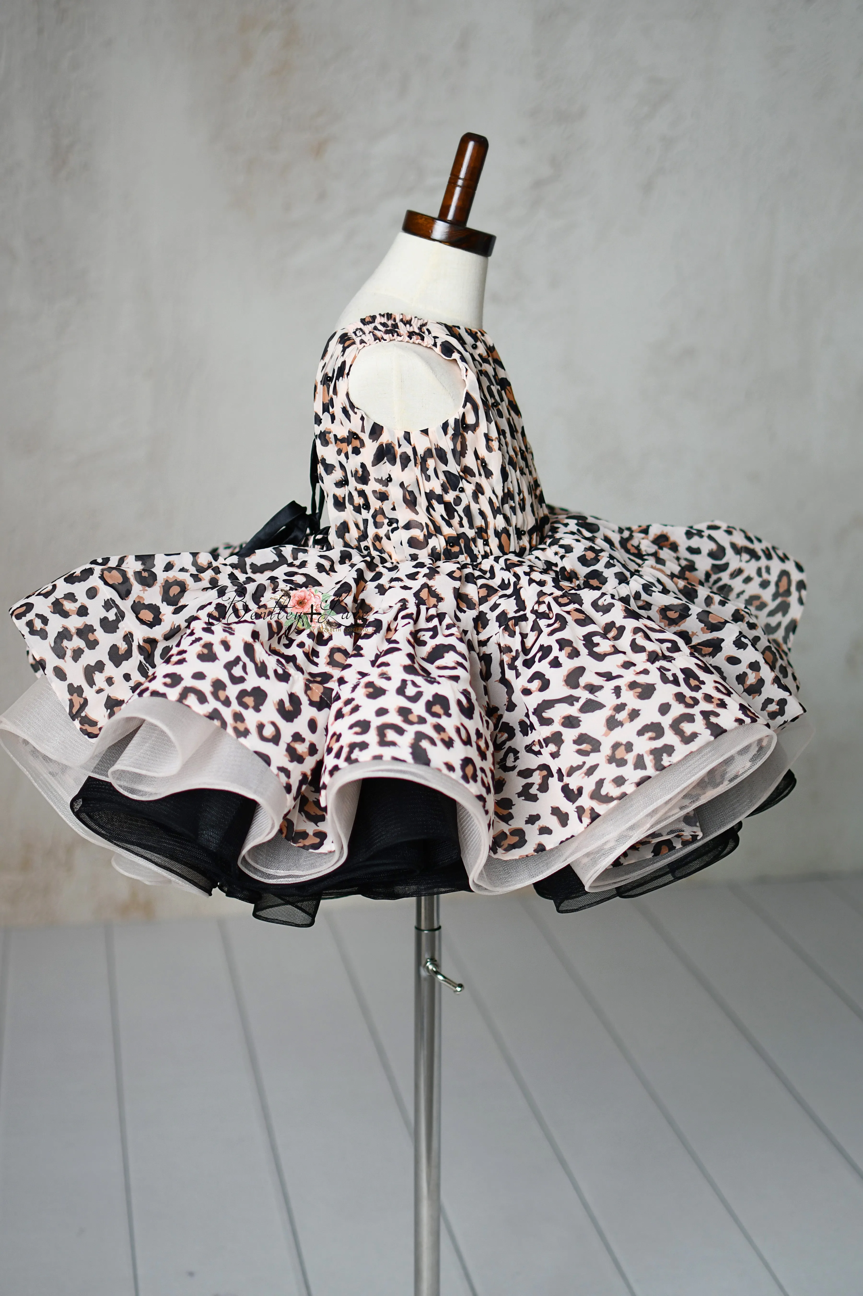 "Wild Whimsy"- Leopard Print Petal-Length Dress with Removable Puff Sleeves (3-4 Years)