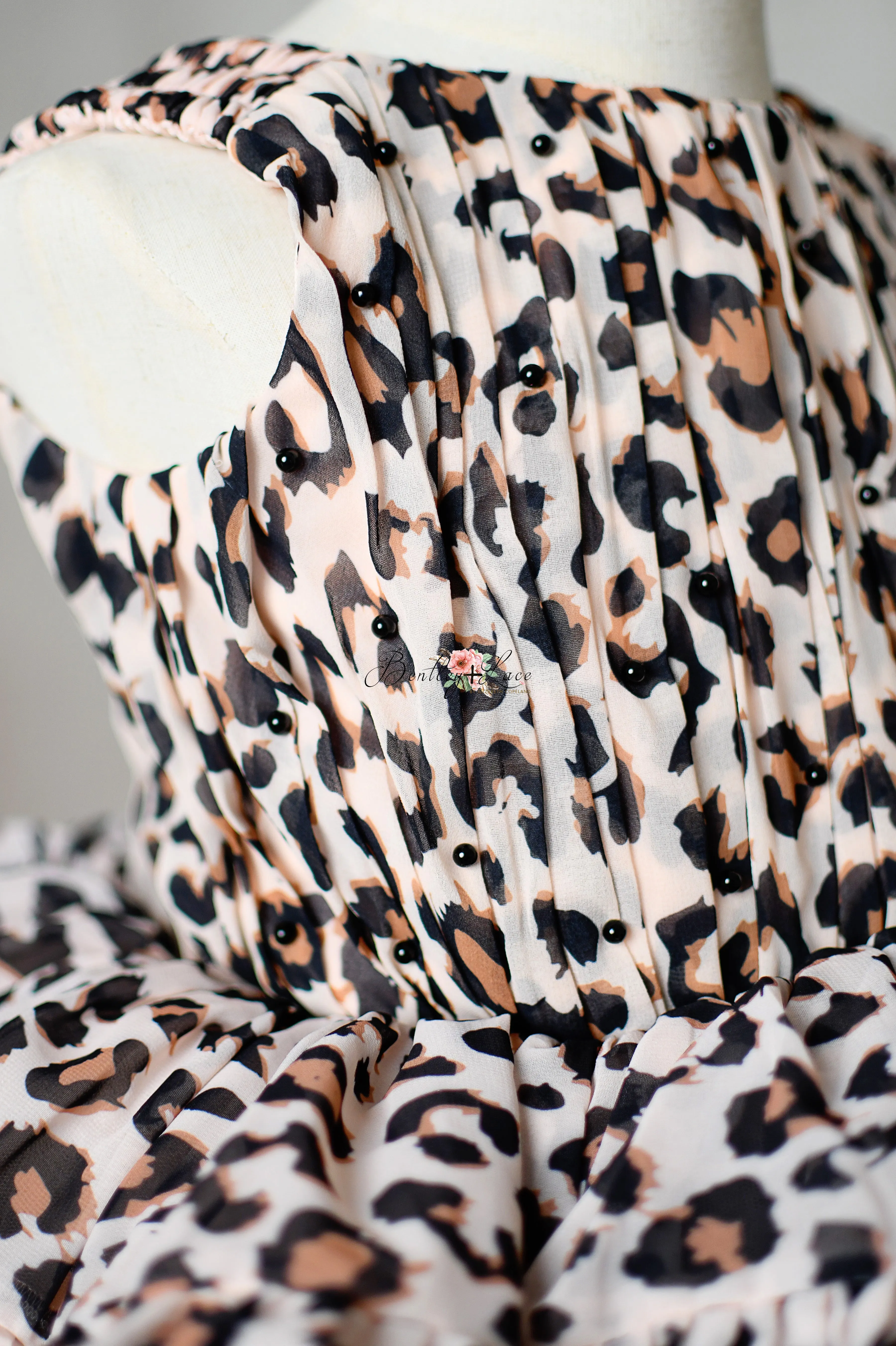 "Wild Whimsy"- Leopard Print Petal-Length Dress with Removable Puff Sleeves (3-4 Years)