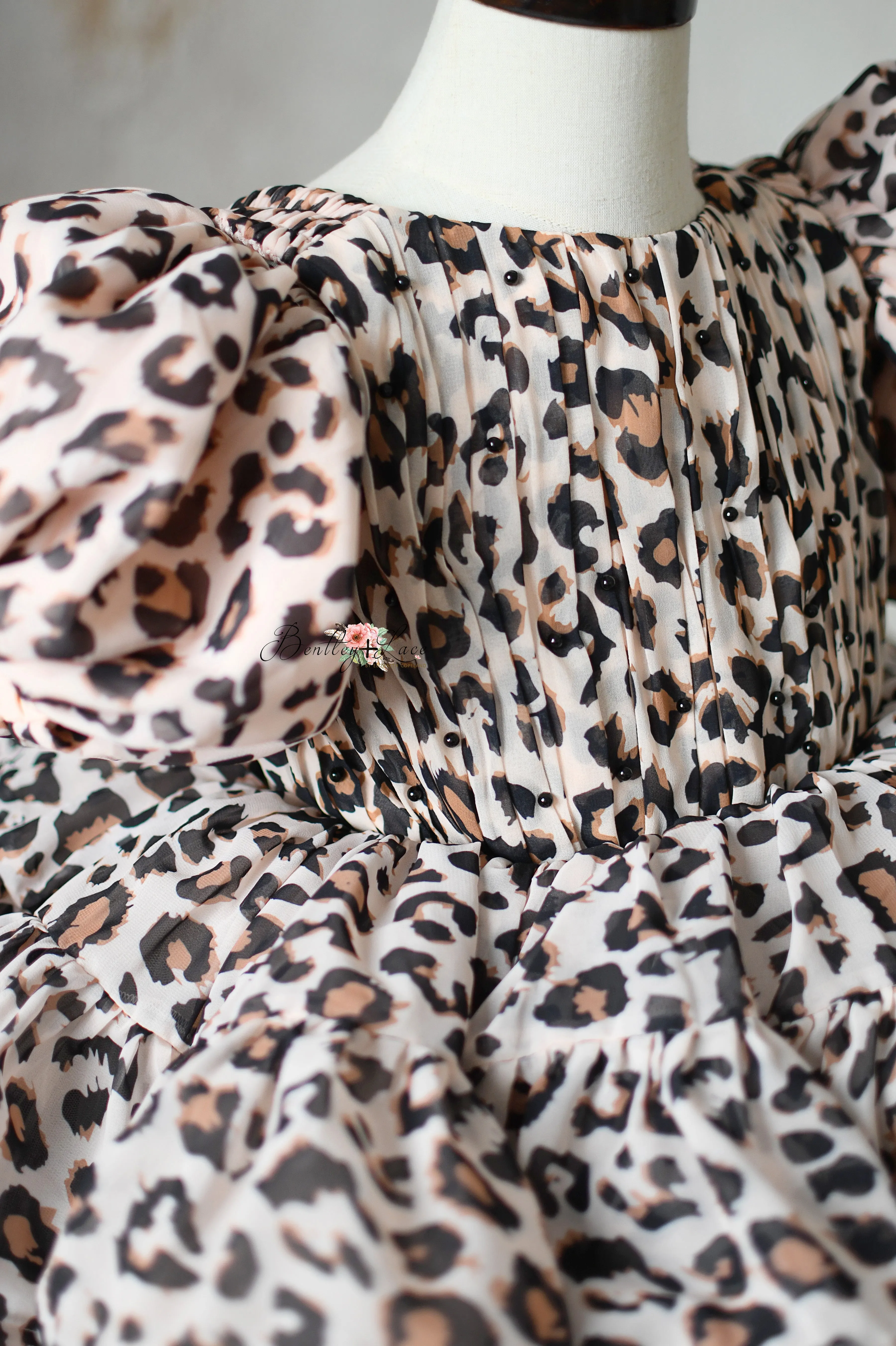 "Wild Whimsy"- Leopard Print Petal-Length Dress with Removable Puff Sleeves (3-4 Years)