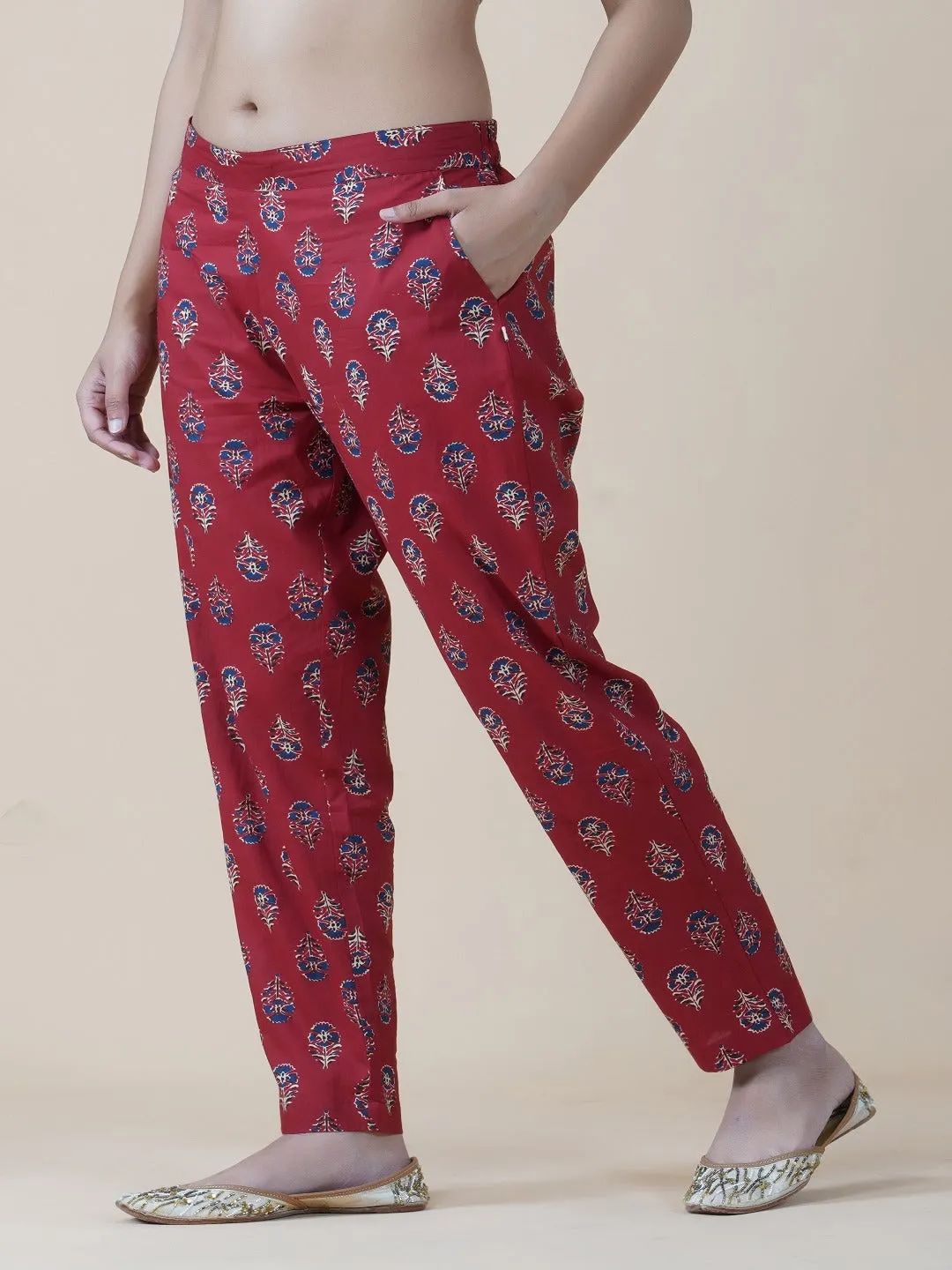 Red Ajrakh Print Straight Pants