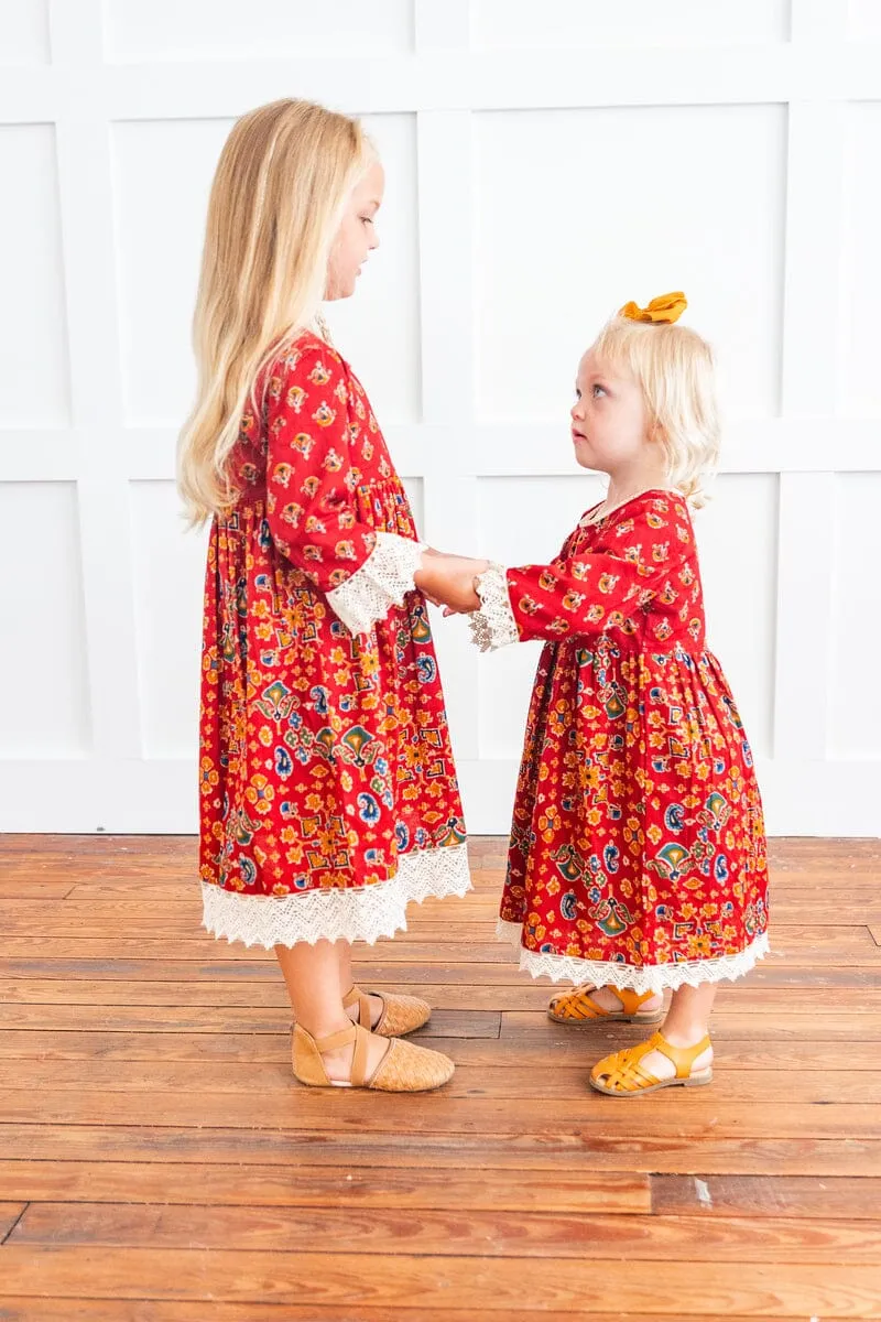 Red & Blue Printed Long Sleeve Lace Detail Dress and Bloomers