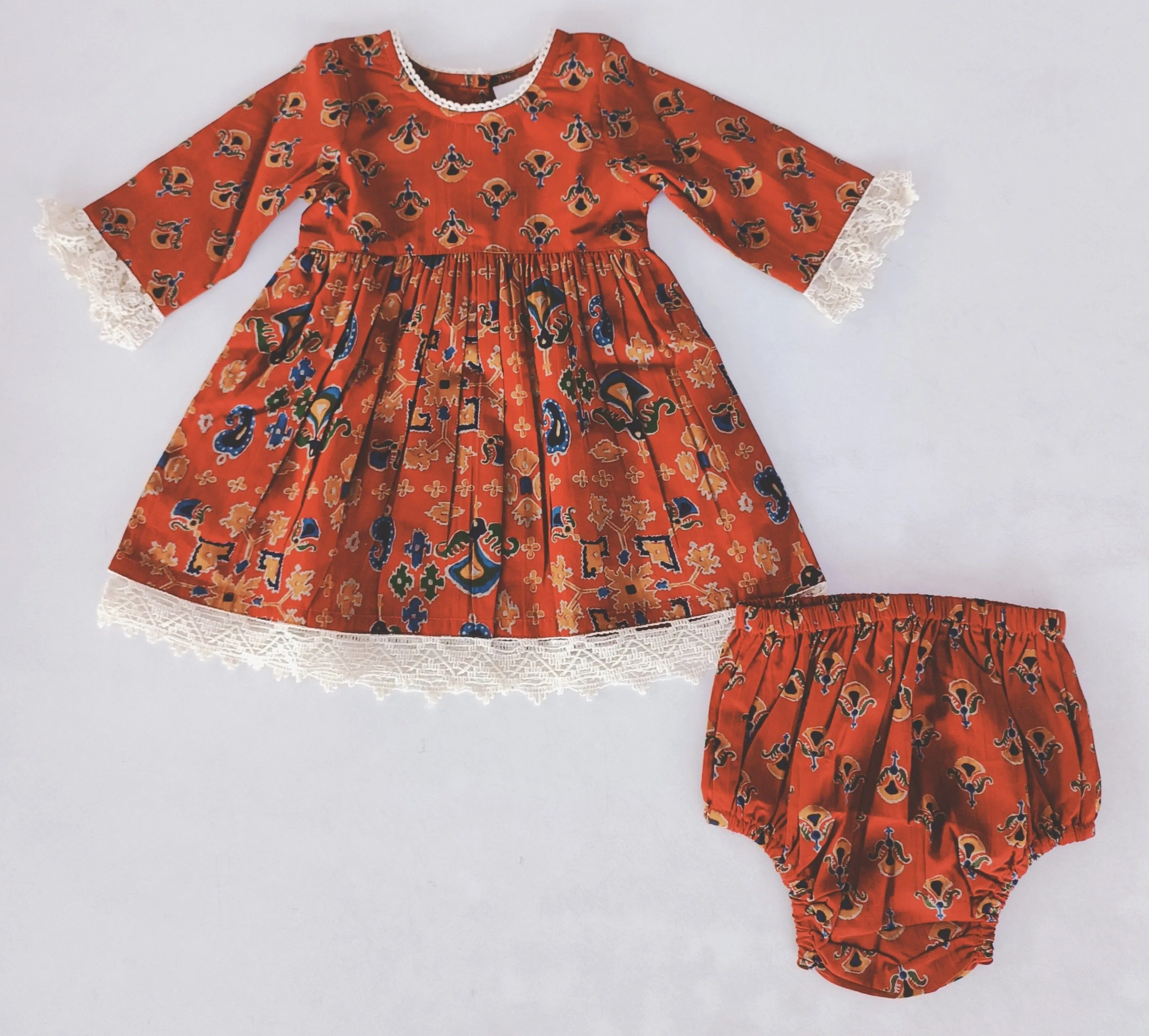 Red & Blue Printed Long Sleeve Lace Detail Dress and Bloomers