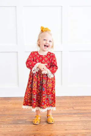 Red & Blue Printed Long Sleeve Lace Detail Dress and Bloomers